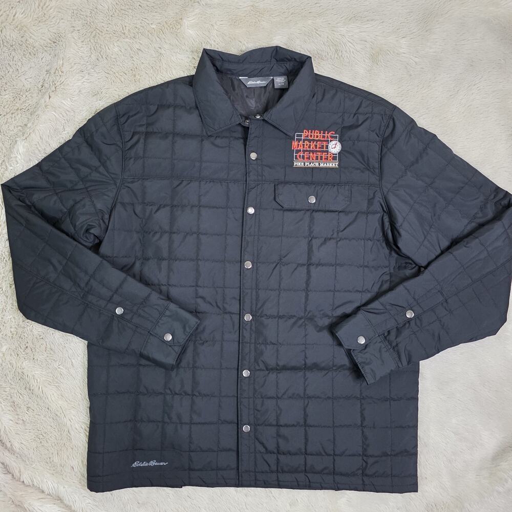 Mens Eddie Bauer Shirt Jac Jacket Black Quilted Snap Button Pike Place Seattle L